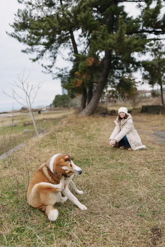 Dog and woman in an outdoor park scene, a girl kneels beside the dog on green grass under tall trees, a warm coat and calm, candid moment of companionship
