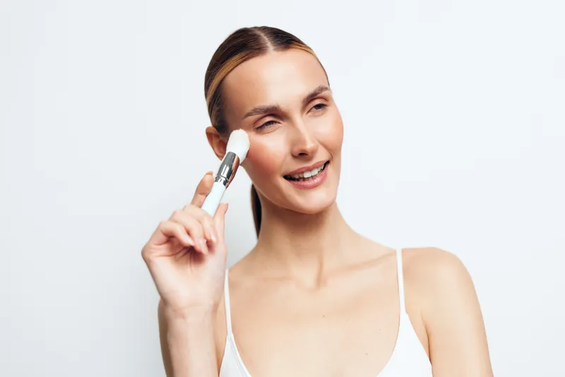 Woman applying makeup and skincare serum with cotton swab, smiling in a bright studio, white background, natural glow, calm expression, beauty routine, soft light