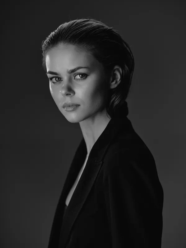 Black and white portrait of a serious woman with slicked-back hair wearing a blazer against dark background.