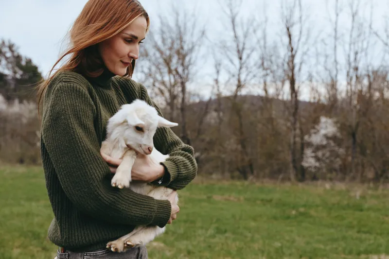 A woman outdoors warmly holds a goat kid, sharing a gentle moment in a green field with distant trees, casual lifestyle and natural colors. soft breeze, warm light, joyful connection.
