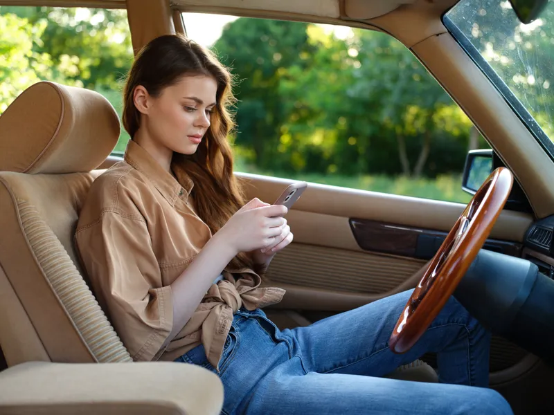 Young woman in casual clothing using her smartphone in a vintage car, surrounded by greenery, portraying a relaxed and carefree mood.