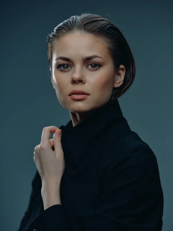 Portrait of a young woman with slicked-back hair wearing black clothing, showing a calm and confident expression against a dark background.