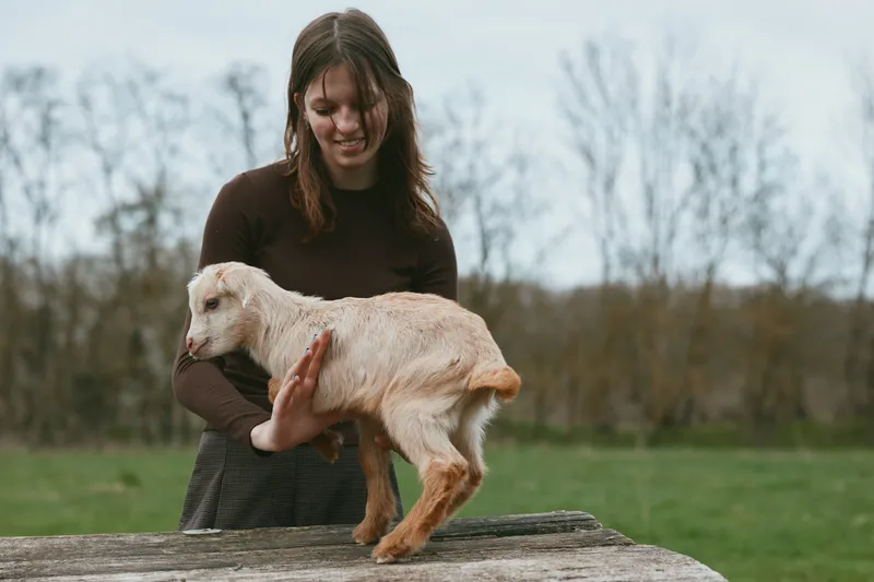 Smiling woman with a goat kid outdoors, holding the playful animal on a wooden plank. Lifestyle scene centered on companionship, nature, farm, and gentle bonding in the open air.