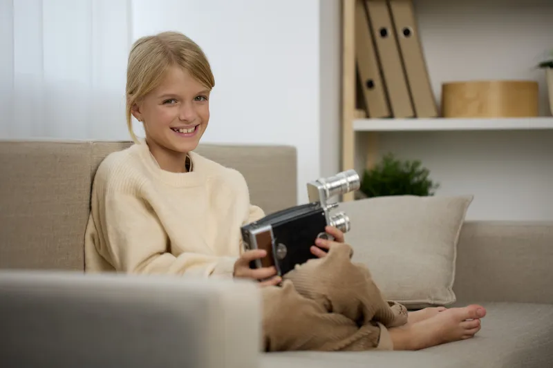 A young girl sits barefoot on a light sofa, holding a vintage camera. Soft natural light, cozy sweater, and warm ambiance highlight a tender moment of creative play at home.
