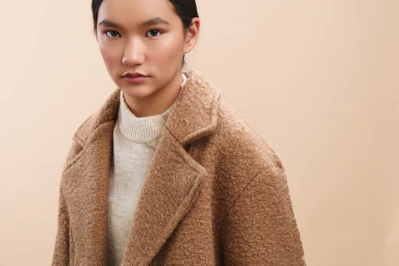 asian woman wears a warm wool coat and neutral sweater, posed in a minimalist setting. she gazes softly, creating a calm, confident vibe suitable for fashion and lifestyle projects.