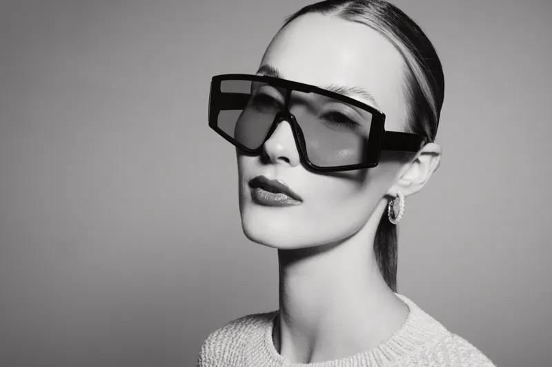 Young Caucasian woman with fair skin wearing large oversized sunglasses and textured sweater posing in studio with neutral background. Concept of fashion and style.