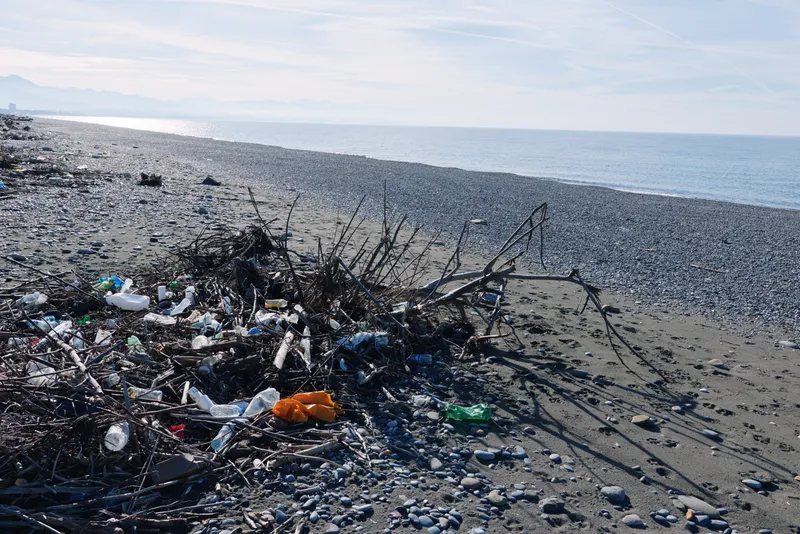 Pollution on a beach with plastic debris and litter scattered along the shore, showing polluted coastline and marine waste impacting the seaside environment