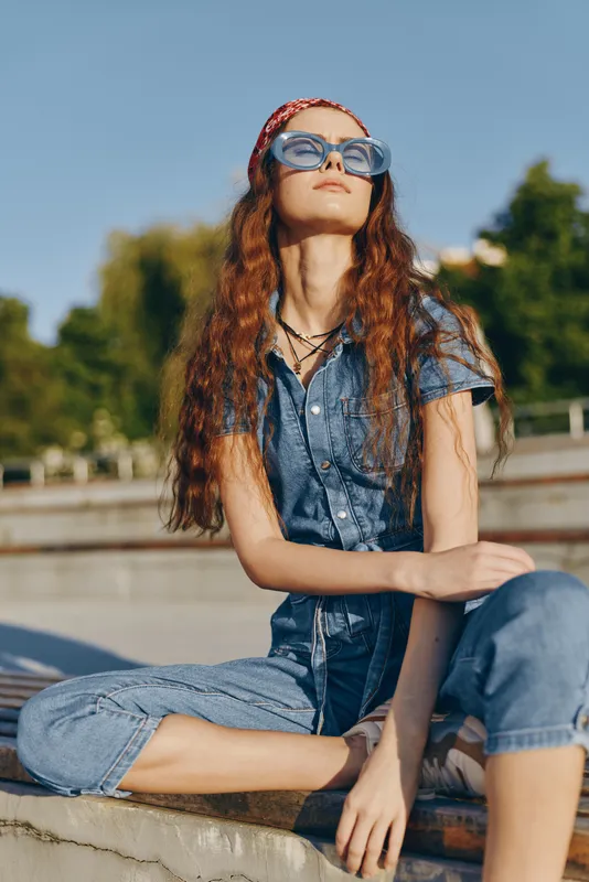 Lifestyle woman in modern boho-western denim street style with sunglasses and headband, enjoying sunny outdoor urban environment with film color tones.