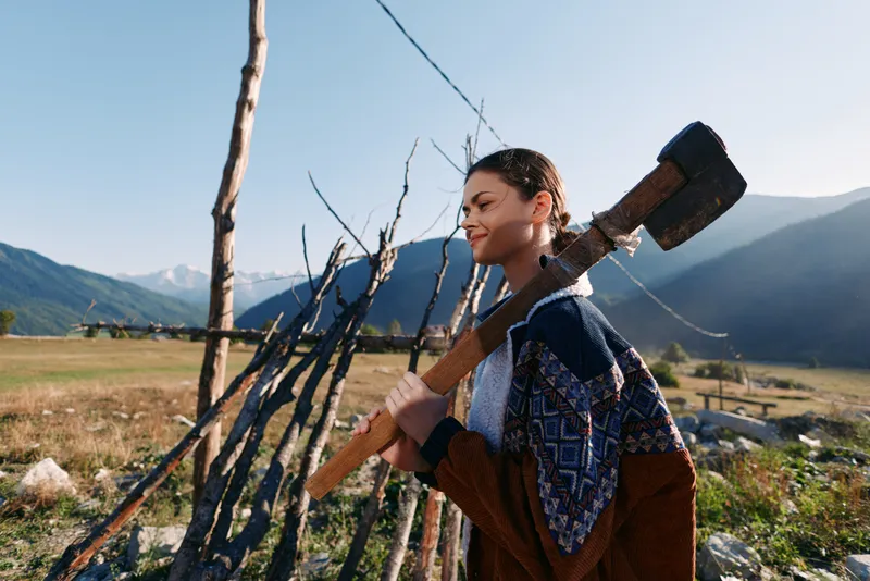 Woman, axe, countryside, fence, mountains, field, smiling, outdoors carrying an axe on her shoulder near a rustic wooden fence in a sunny mountain valley, rural portrait with confident expression.