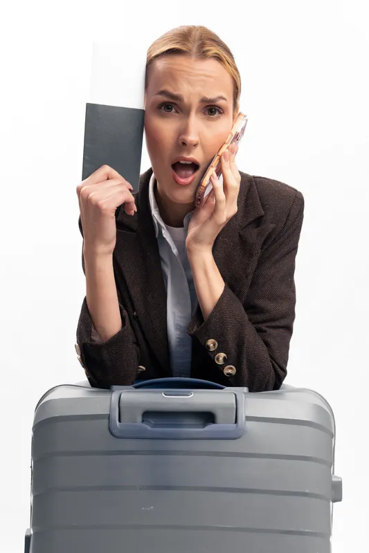 Stressed young woman holding passport and airplane ticket talks on phone with worried expression, standing behind large suitcase on white background. Concept of travel delay and frustration.