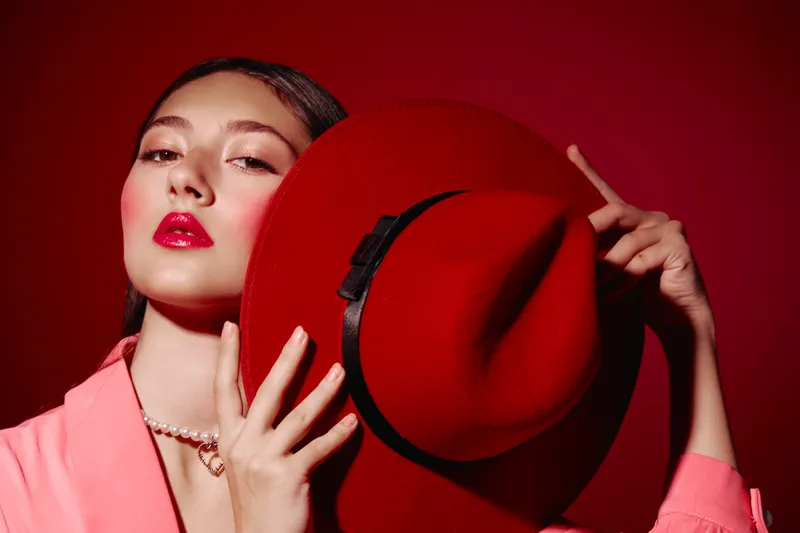 Fashion model posing with a red hat and pink outfit against a red background showcasing glossy makeup and pearl necklace. Beauty and creative fashion concept.