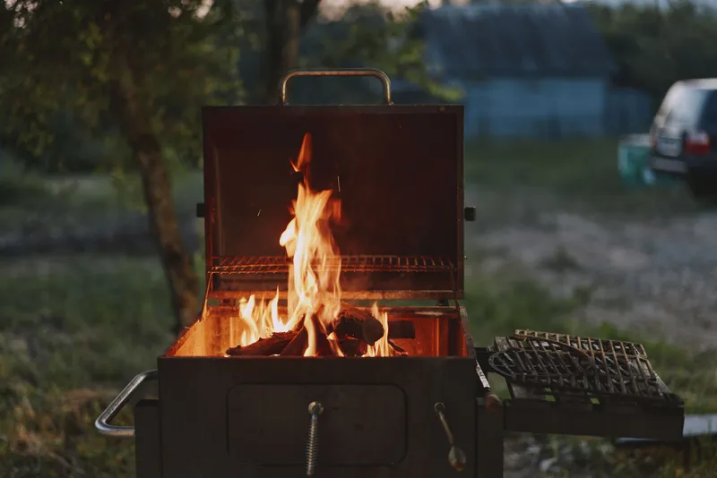 A cozy summer barbecue with a grill ablaze, showcasing the joy of outdoor cooking and gatherings with friends in a serene backyard setting filled with greenery