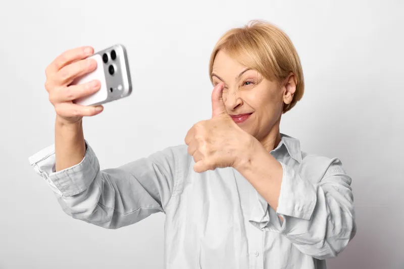 Elderly woman smiling indoors holding smartphone for selfie, playful gesture with one hand, soft gray shirt, clean light background, casual tech moment, copy space, friendly face