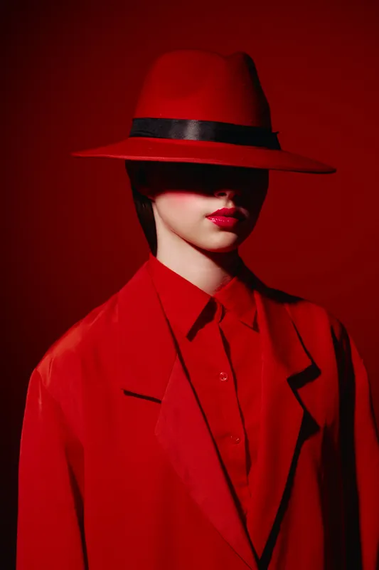 Portrait of a young woman in vibrant red hat and oversized jacket with minimal lighting, lips glossy red, creating bold stylized fashion and beauty concept for creative editorial.