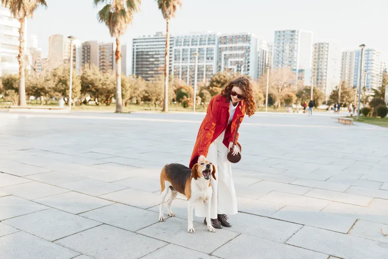 Woman in red coat with sunglasses walks large dog on leash in urban park with palm trees and tall buildings in background on sunny day.