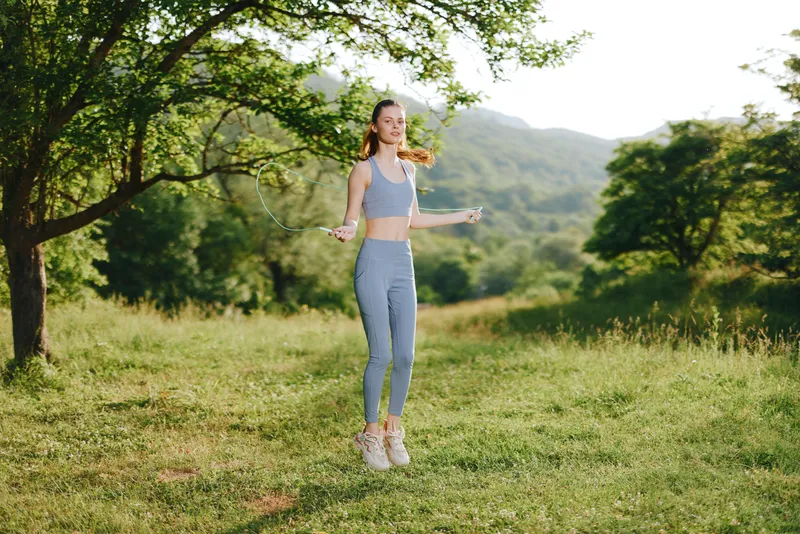 Young woman enjoying a jump rope workout in a green outdoor setting, wearing athletic clothing and exuding happiness and energy