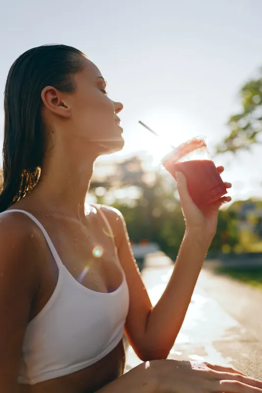A woman drinks from a bottle outdoors, capturing a sunlit moment after exercise. Bright daylight, park setting, casual attire convey a lifestyle moment focused on hydration and wellness.