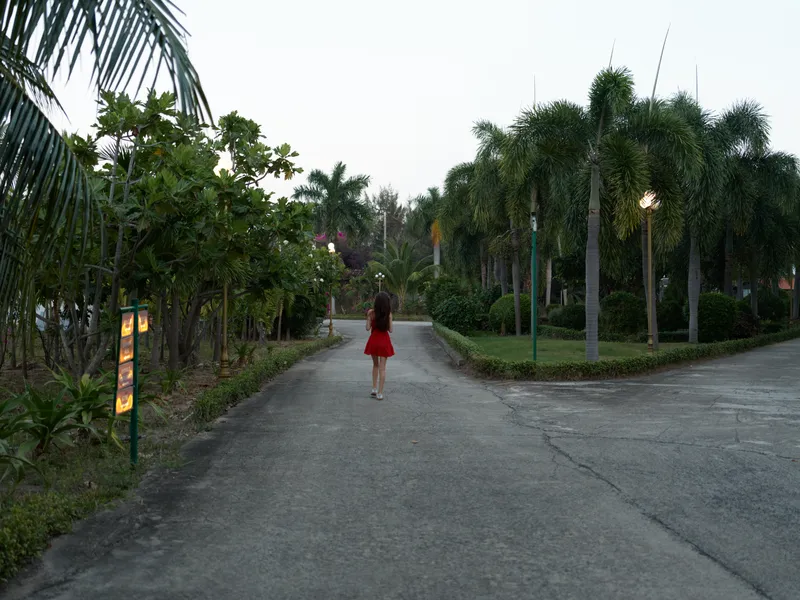 Woman walking alone in a red dress down a quiet tropical road surrounded by palm trees during early evening.