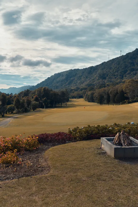Tranquil golf course landscape with rolling hills and flowers, ideal for relaxation and outdoor leisure activities in a serene natural setting