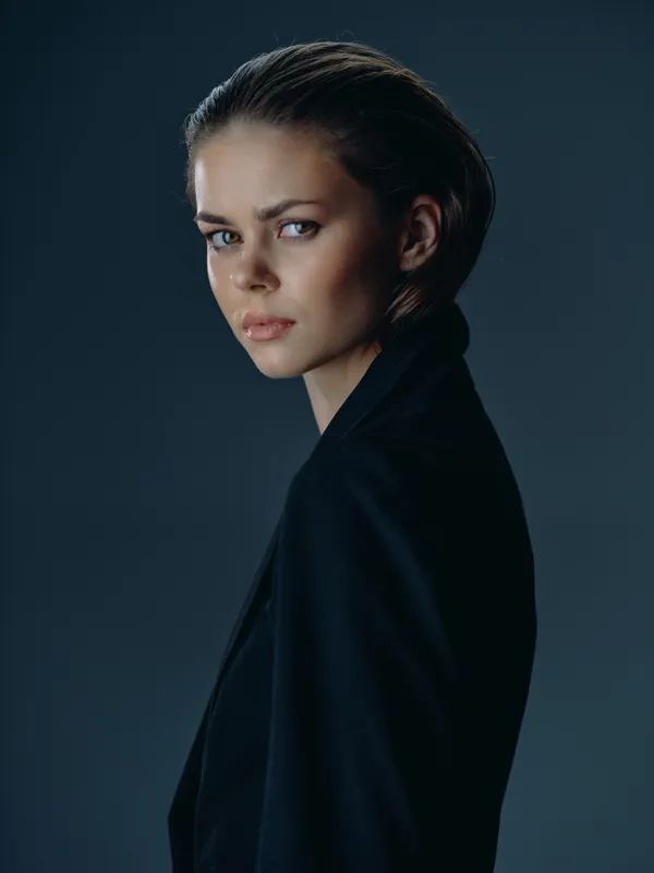 serious woman portrait with dark background and moody lighting, professional style, confident expression