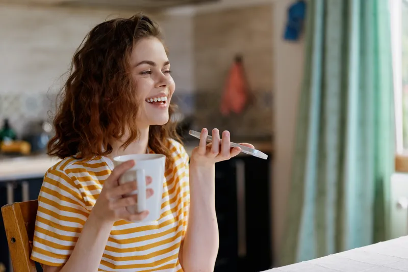 woman enjoying morning at home in a bright kitchen, smiling while sipping coffee, casual lifestyle moment in domestic setting with soft daylight