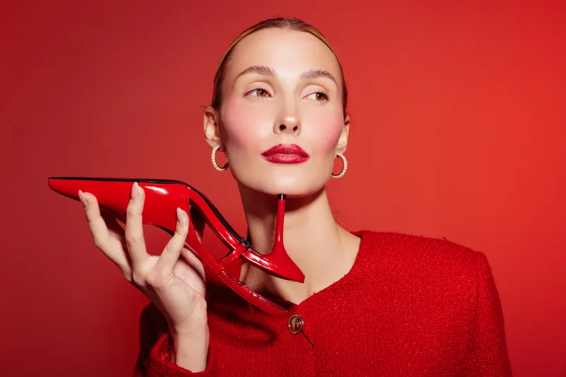 Elegant woman in red outfit holds shiny red high heel shoe near face against red background. Concept of fashion, style, glamour, and luxury accessories for modern women.