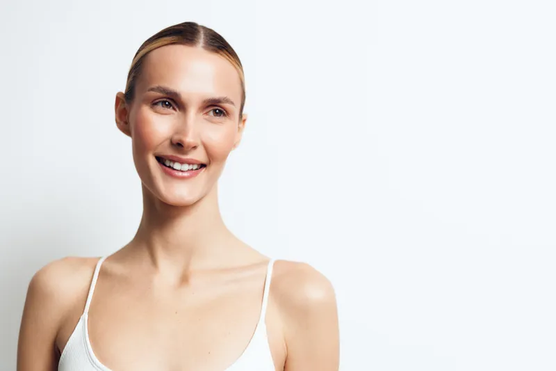 Woman smiling in a close up portrait, skincare and self care concept, applying white face cream, soft studio lighting, light background, fresh healthy skin