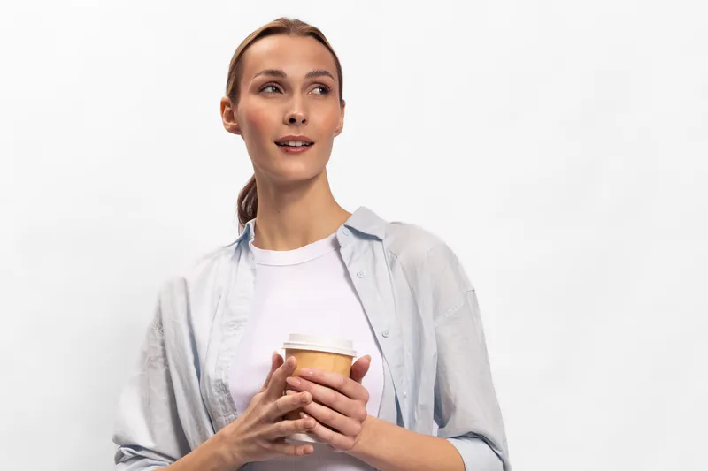 Young woman with light brown hair holds disposable coffee cup, wearing casual shirt and white top, looking away thoughtfully. Concept of break time, relaxation, and casual lifestyle.