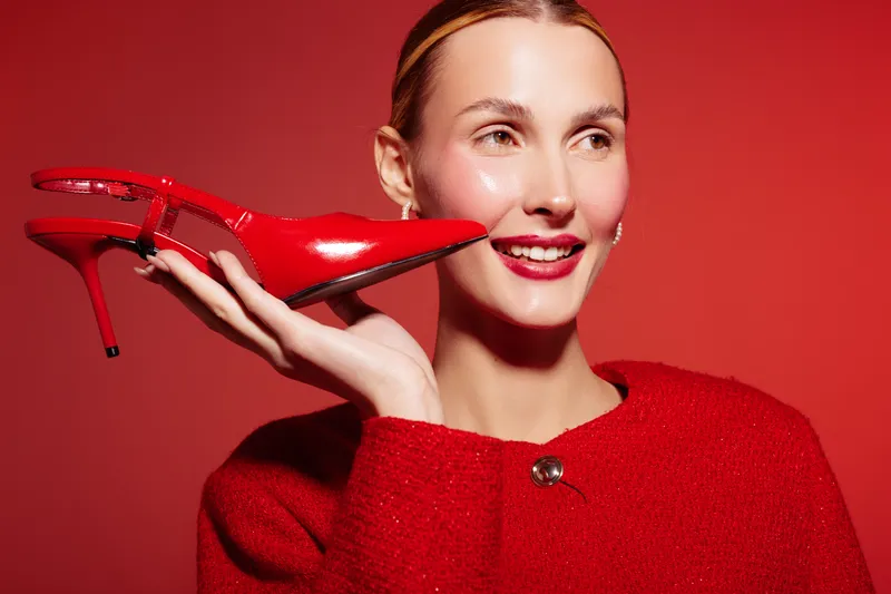 Smiling woman in red sweater holds red high heel shoe near face on red background. Concept of fashion, style, elegance, and beauty with vibrant color contrast.