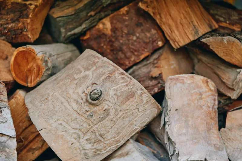 Firewood woodpile logs stacked wood bark texture split wood in a rustic backyard scene, chopped by a middle-aged homeowner preparing winter fuel, natural timber pile for cozy lifestyle.