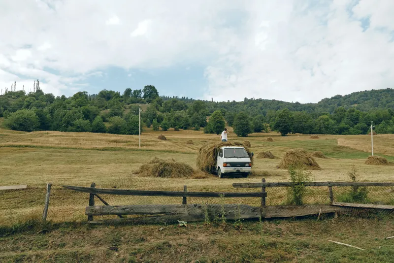 Rural field with stacked hay bales and a white truck, a farmer standing on a bale under a blue sky, capturing a calm countryside harvest moment.