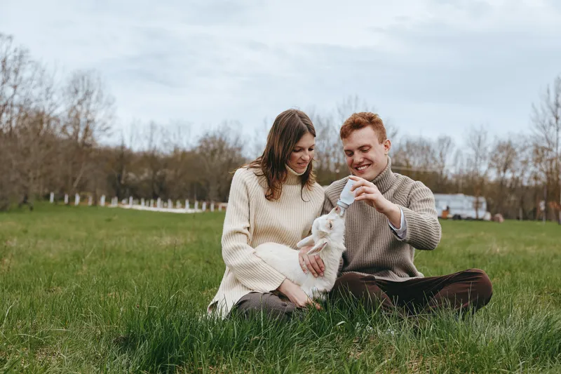Young couple sitting on grass in casual sweaters enjoys feeding a white baby goat together in a peaceful outdoor lifestyle scene during early spring with bare trees in the background.