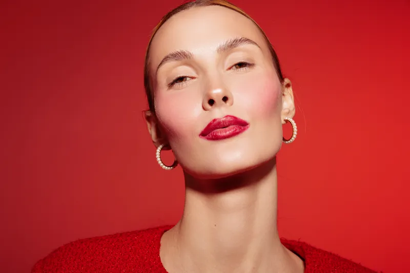 Close-up portrait of confident woman with red lipstick and hoop earrings against red background. Concept of beauty, fashion, makeup, and elegance in studio lighting.