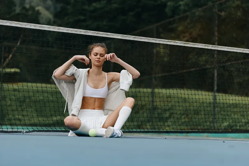 Young female athlete in a sporty outfit meditating on a tennis court, showcasing focus and tranquility amidst a vibrant green background, perfect for fitness or wellness themes