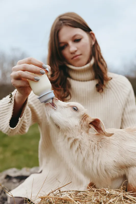 A woman feeds a young goat with a bottle in an outdoor farm setting, capturing a gentle moment of care and bonding. Natural daylight, soft tones, rustic background convey rural lifestyle and animal