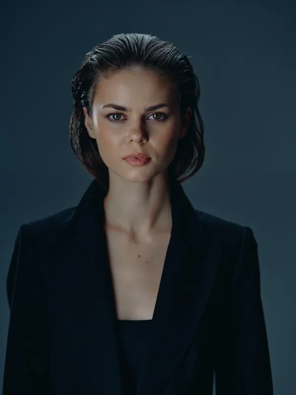 serious woman in black suit with wet hair on dark background confident professional portrait