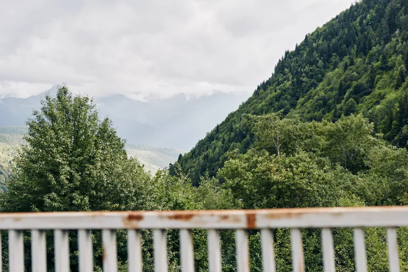 Scenic landscape with a weathered railing in the foreground, lush trees and distant mountains under a cloudy sky, conveying a peaceful outdoor mood suitable for nature, travel, and lifestyle projects.