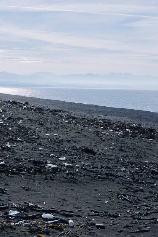 Beach with dark sand littered by debris along a polluted shoreline, calm ocean beyond and distant mountains on the horizon, highlighting environmental impact and waste