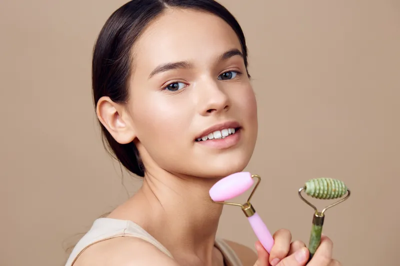 Young woman holding facial rollers, promoting skincare and wellness, with a calm expression on a neutral background, ideal for beauty and self care concepts
