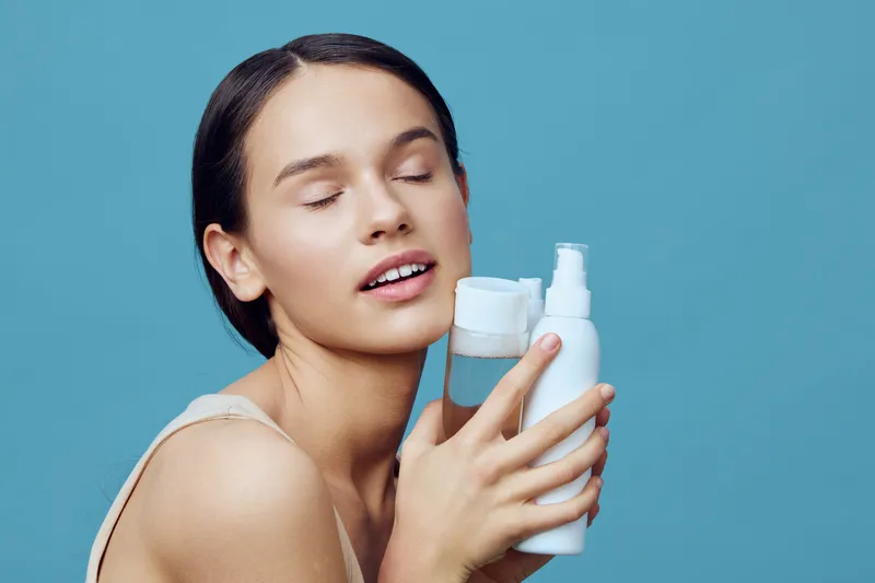 Young woman with closed eyes holding skincare bottles, showcasing natural beauty and a fresh skincare routine against a vibrant blue background