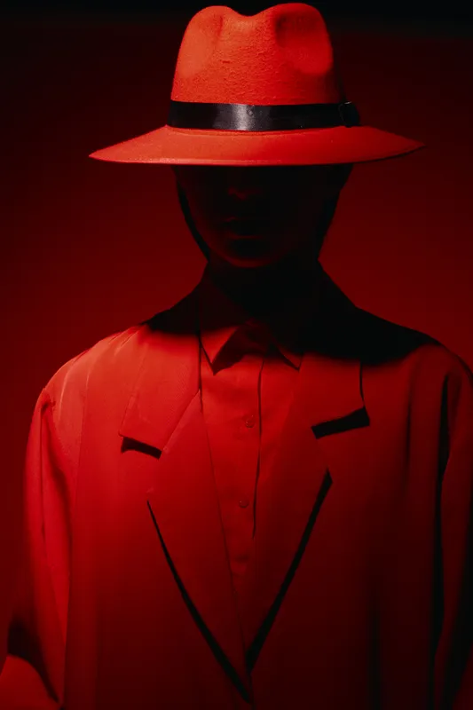 Female model dressed in vibrant red fashion coat and hat posing under dramatic studio lighting. Concept of modern beauty creative, mysterious style, and striking fashion photography.