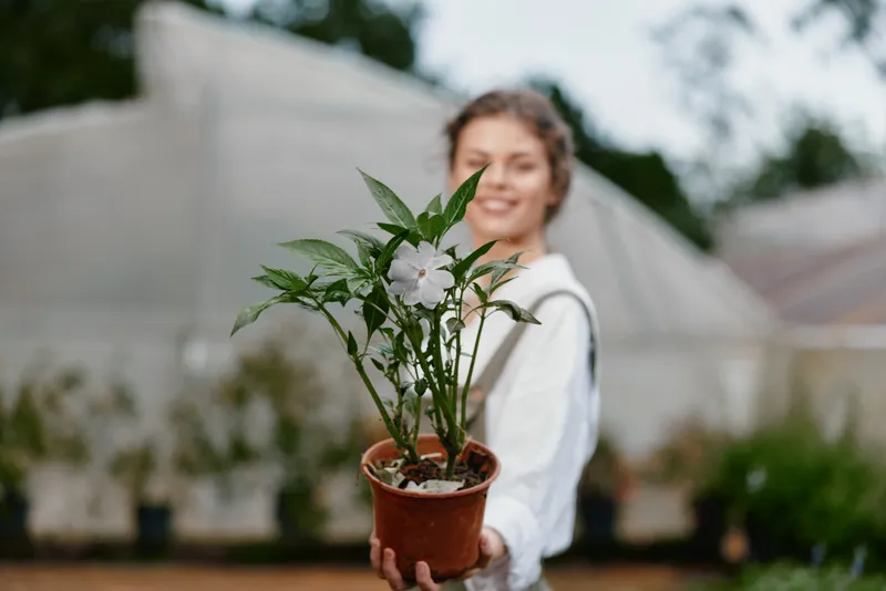 Young woman holding a potted flower in a greenhouse, showcasing passion for gardening and nature with a joyful expression, bright colors, and a serene background