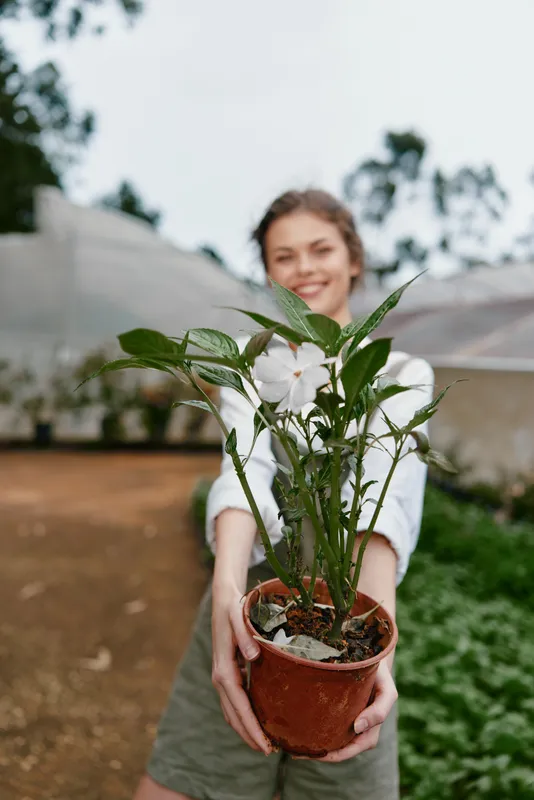 Young woman holding a potted plant with a joyful expression in a greenhouse, emphasizing healthy living, gardening, and nature connection
