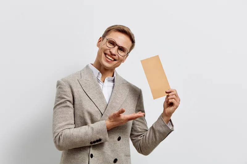 Smiling man holding blank card in hand, wearing glasses and beige cardigan, looking at camera against plain light gray background, studio portrait. Concept: communication, presentation, business.