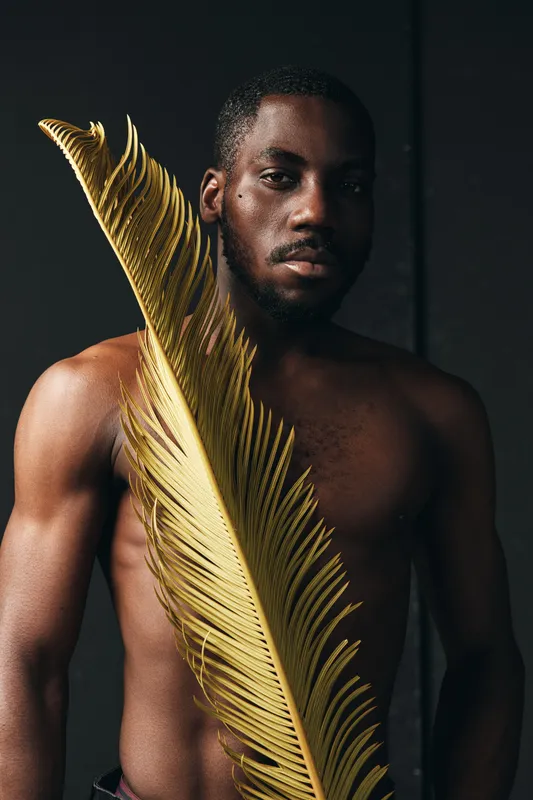Black man with dark skin and bare chest holding large golden palm leaf in creative visual design style on dark background. Artistic portrait with dramatic lighting and serious expression.