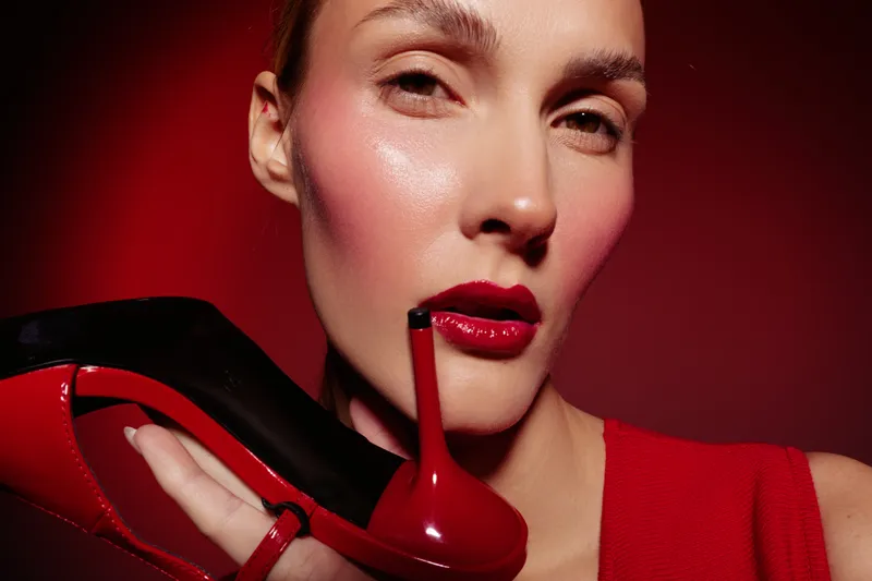 Close-up of woman with red lipstick holding red high heel shoe near face on red background. Concept of fashion, beauty, glamour, and style with vibrant colors and studio lighting.