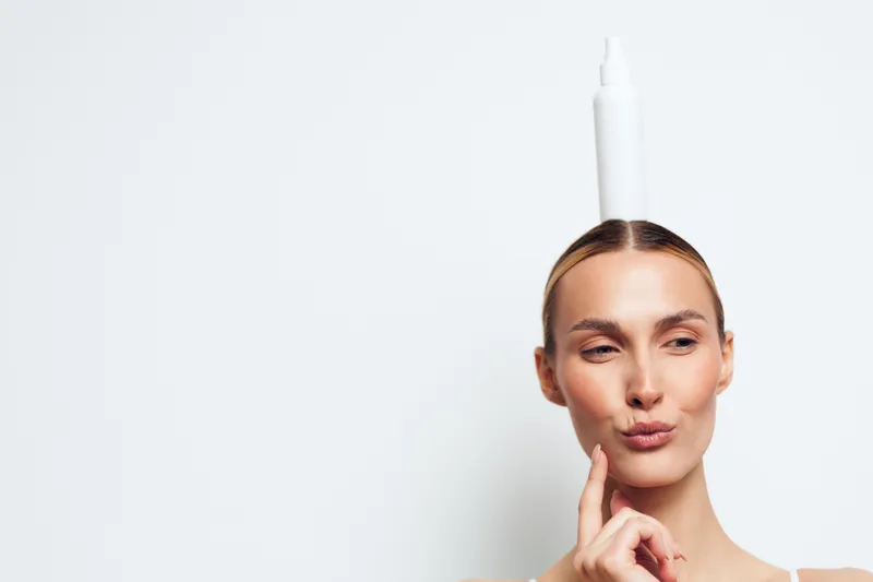 Playful portrait of a smiling woman with a large tube balanced on her head, minimal white studio background, skincare concept, bright tones, candid whimsy, confident pose