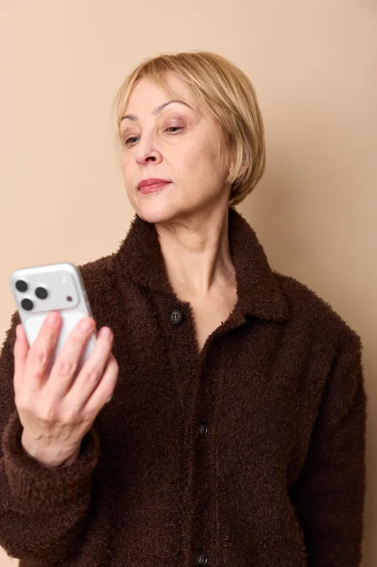 Senior woman holds smartphone while applying face cream, skincare and beauty selfcare concept. Warm studio lighting on beige background, calm portrait mood.