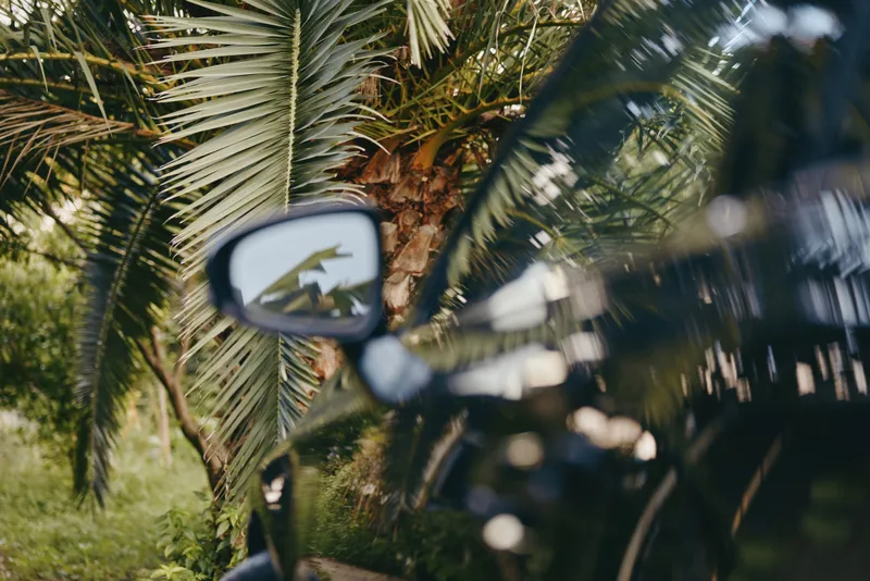 Car side mirror closeup showing palm reflection on glossy black car paint in a tropical outdoor setting, lifestyle travel composition with natural light, parked leisure and bokeh background.