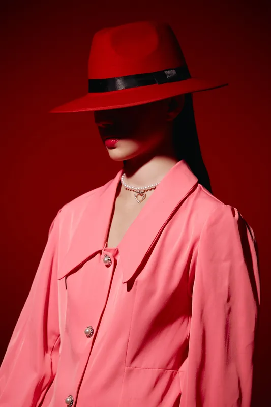 Fashion model wears vibrant red hat and pastel pink coat, composed pose in dramatic studio with strong shadows. Concept for creative beauty and stylish elegance photography.